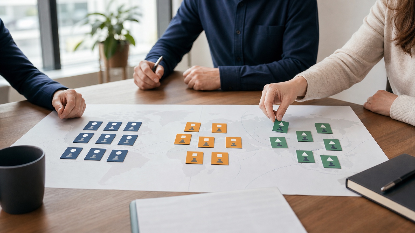 A market-entry team sorting candidate companies into distinct commercial-route groups