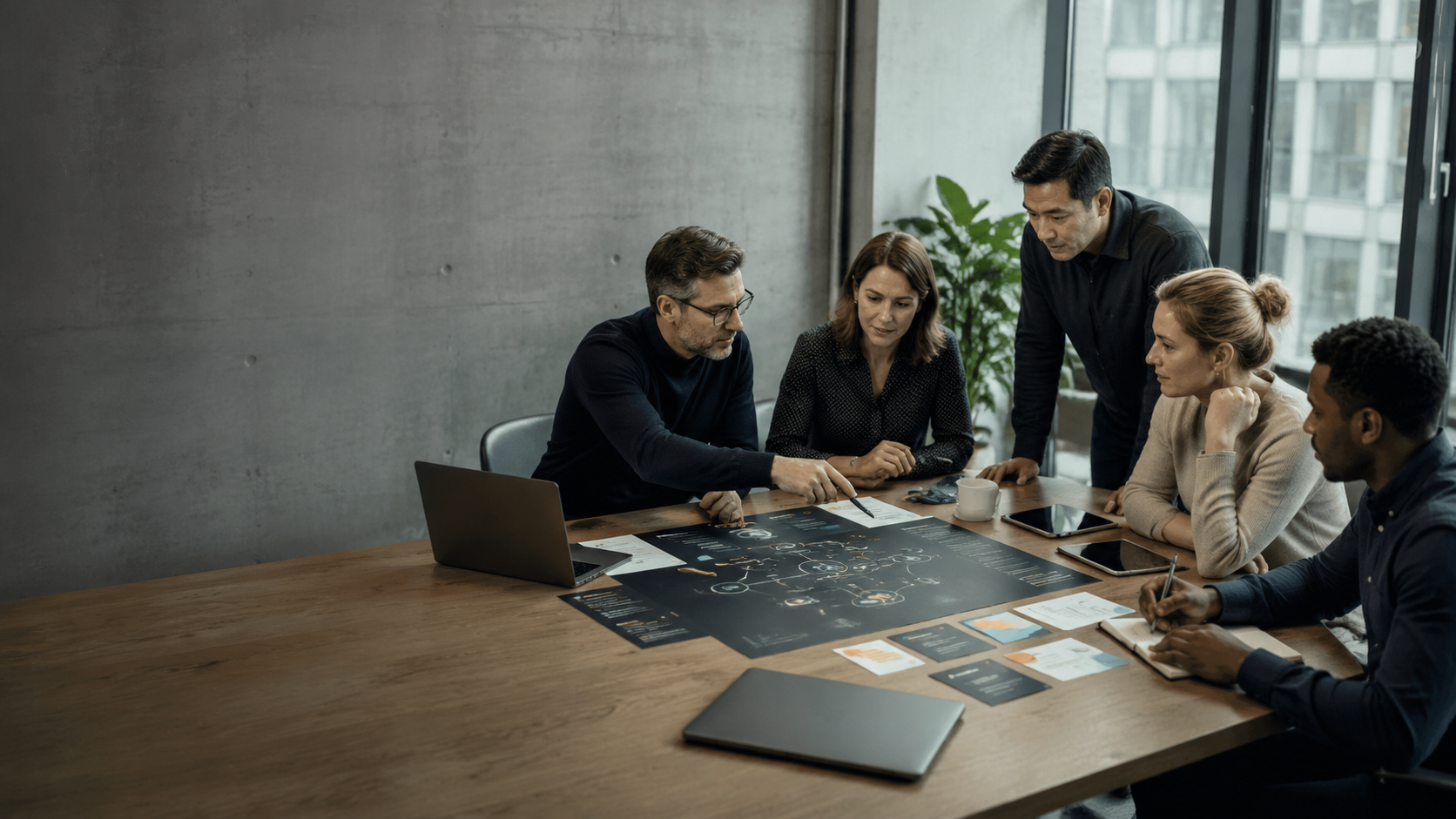 Cross-functional account team reviewing a shared account map and buying group