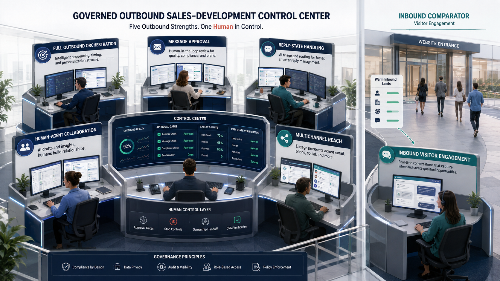 Governed outbound sales development control center with five outbound strengths and a separate inbound comparator