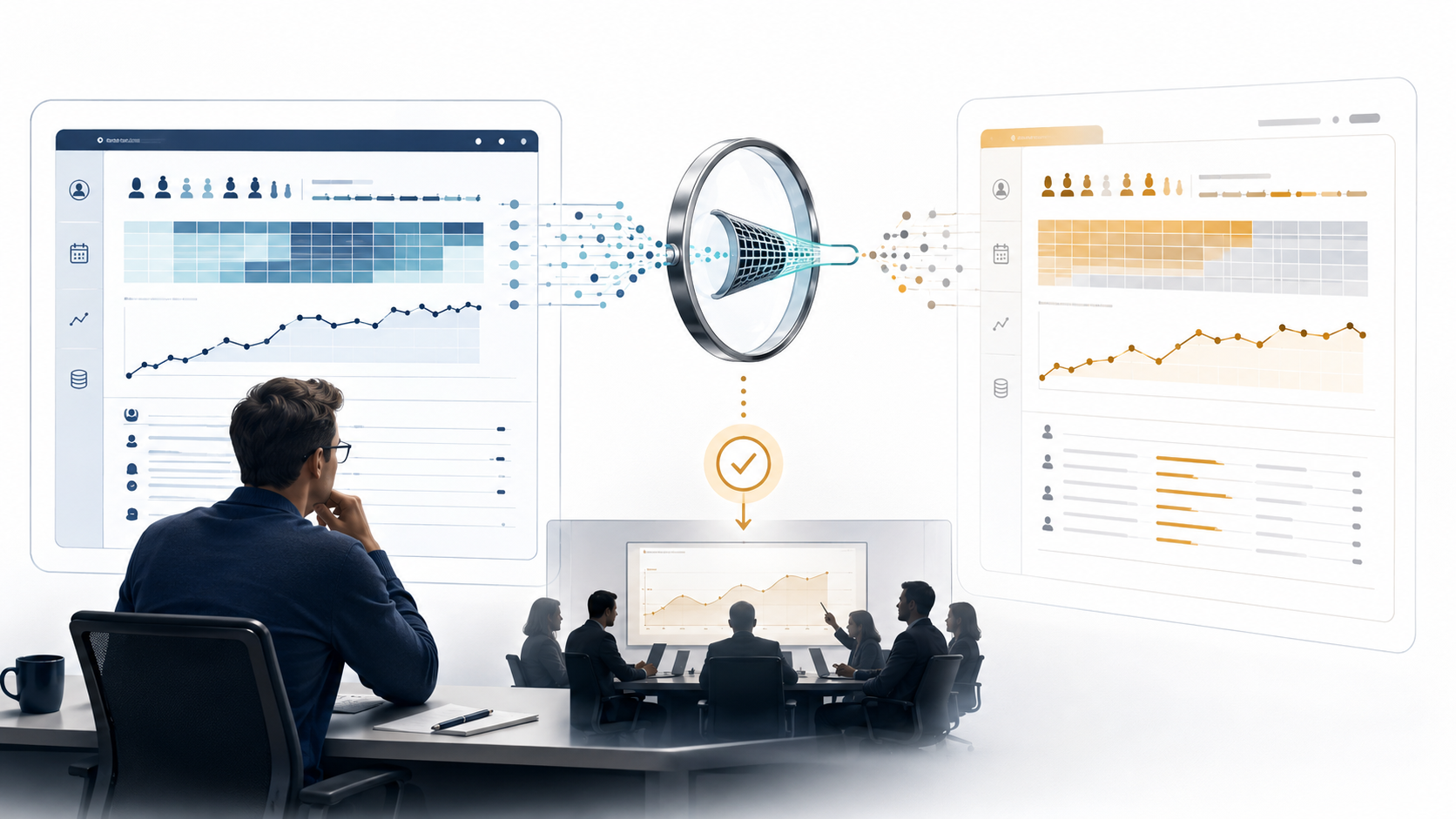 Sales analyst filtering internal and external benchmark data before a management comparison