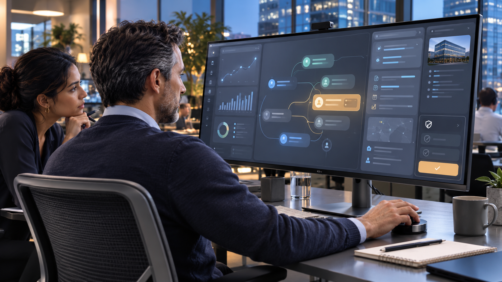 Sales leaders supervising an agentic sales workflow on a large office display