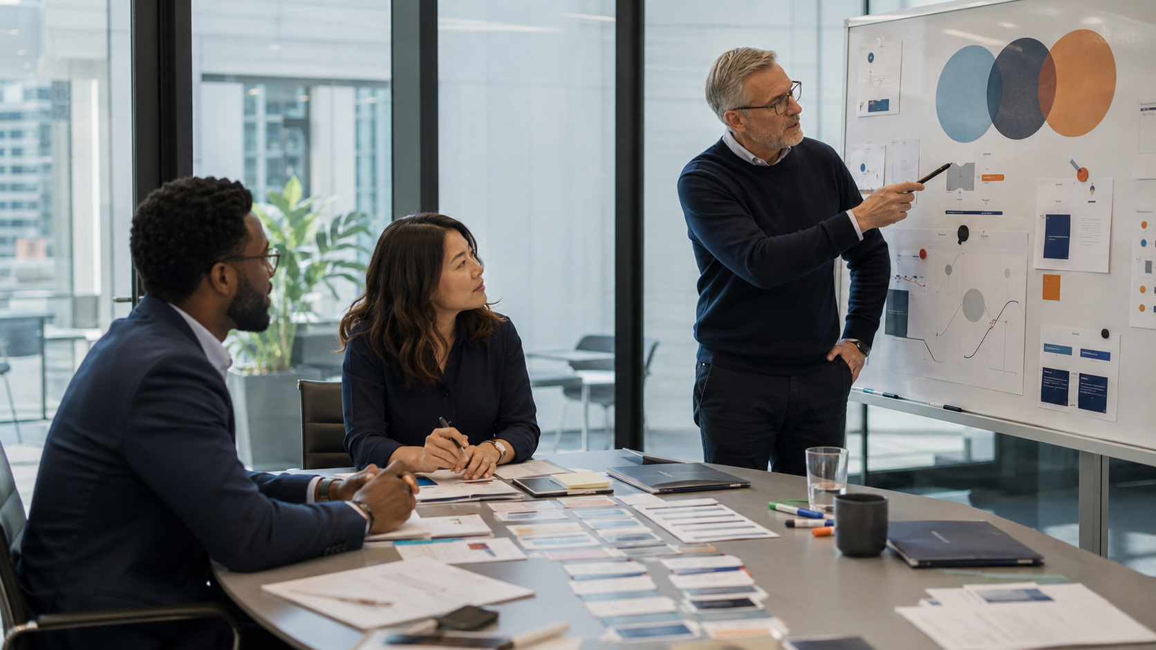 Revenue team reviewing a sales prospecting strategy around a shared planning board