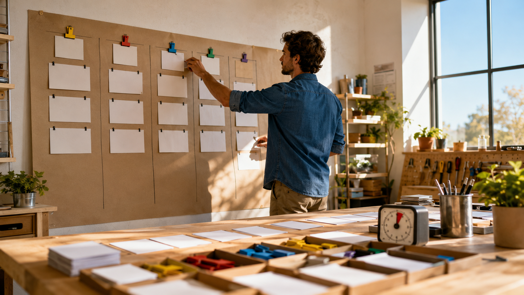 Founder building a connected lead generation workflow step by step in a maker studio