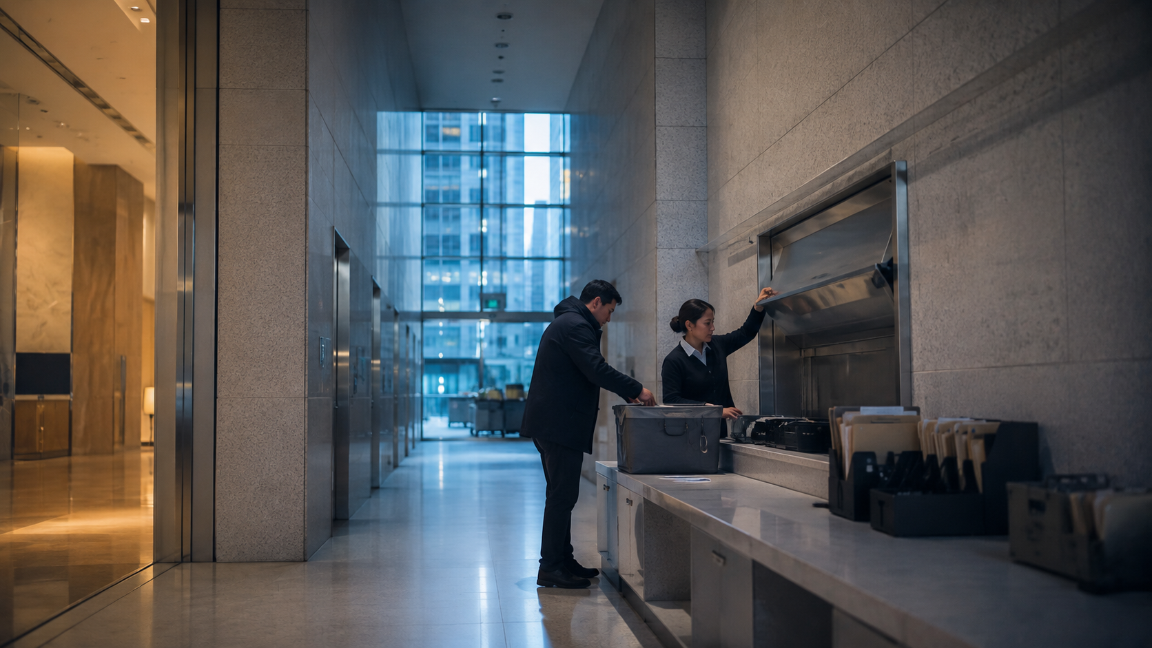 Operations staff stop a courier tote in a tower mail corridor before a cold email send.