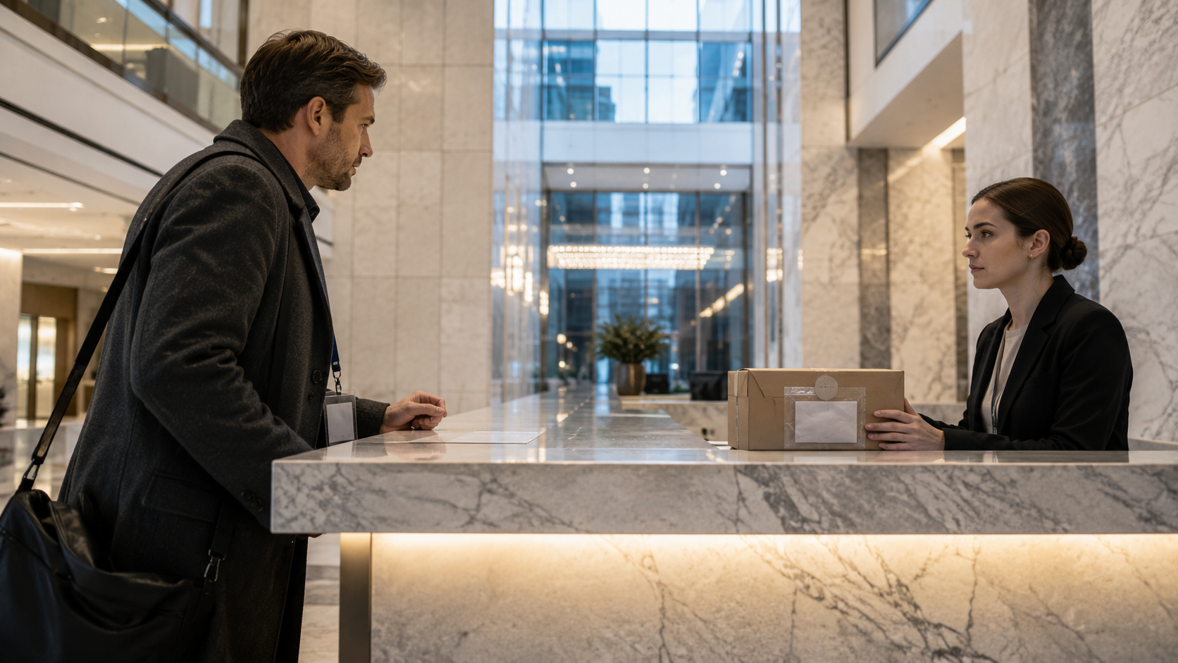 A receptionist keeps a sample box on the staff side instead of trusting a badge for reliable buyers.