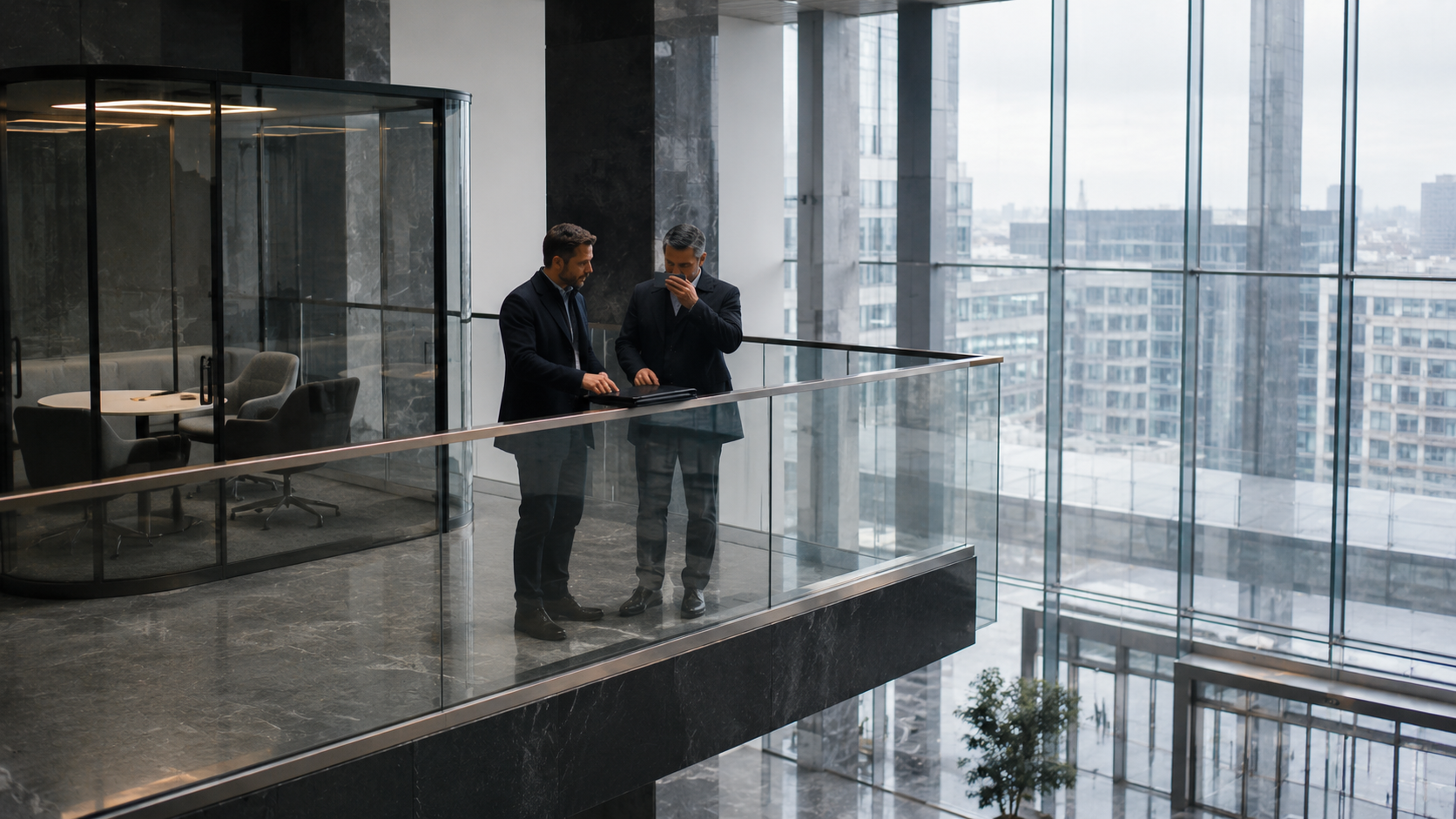 Two colleagues pause on a sky lobby mezzanine to check outbound prospecting skills before a script.