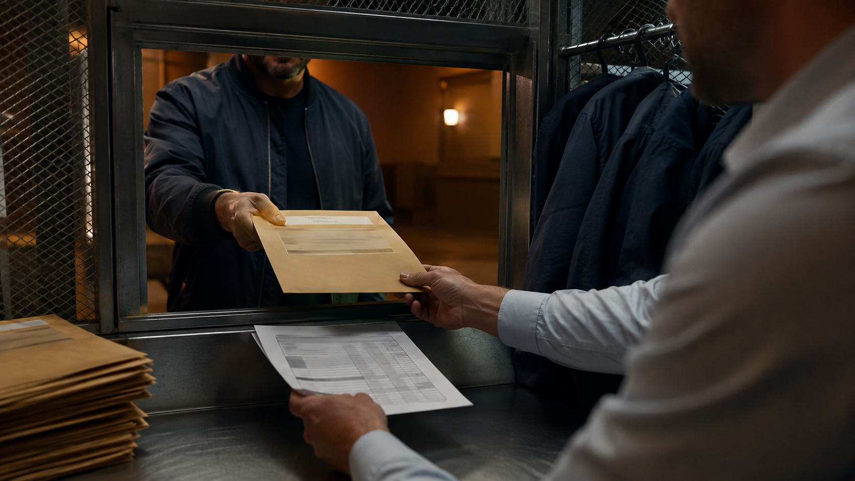 A specialist passes one evidence jacket for lead generation specialists through a service window.